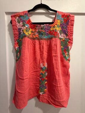 Hand-Embroidered Coral Sleeveless Peasant Blouse